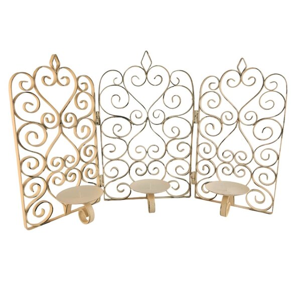 Scrolled Metal 3-Panel Folding Candelabra Screen Cream Distressed Finish - Picture 10 of 13